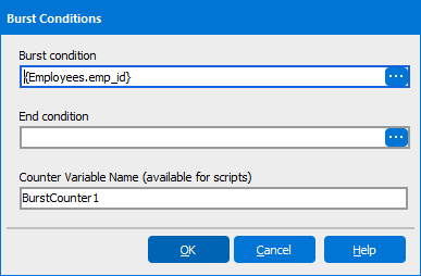 The Burst Conditions dialog box with the employee ID used as the Burst Condition.